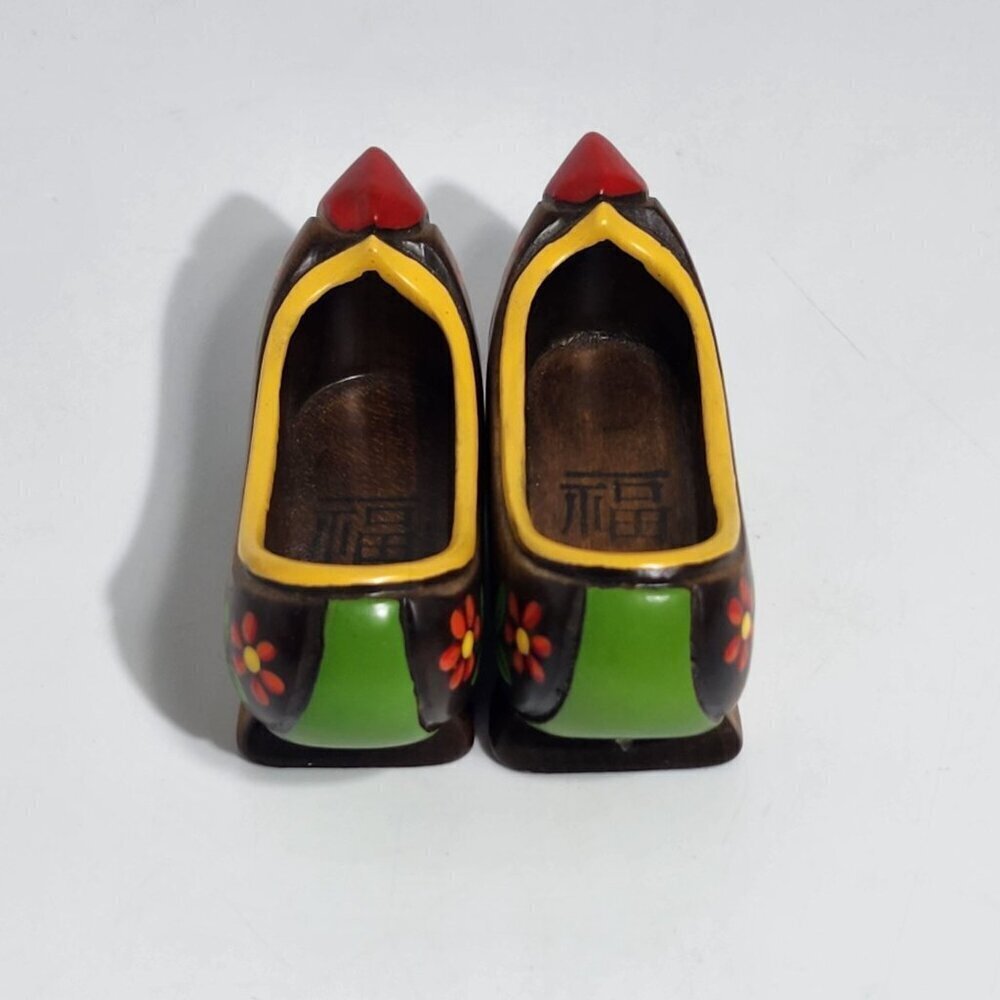 Miniature Hand Painted Vintage Wooden Clogs With Floral Design Red Tips Pair - Picture 4 of 12